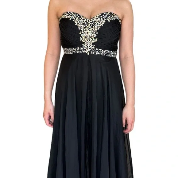 ✨Host Pick✨ BLACK CHIFFON PROM FORMAL EVENING GOWN WITH RHINESTONE ACCENTS 4 - Picture 11 of 16